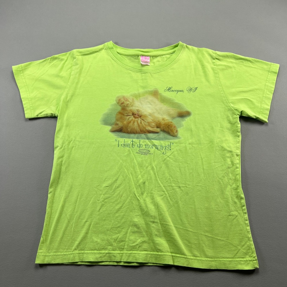 LAT T Shirt Womens Large Lime Green Kitten I Don't Do Mornings Graphic Cotton
